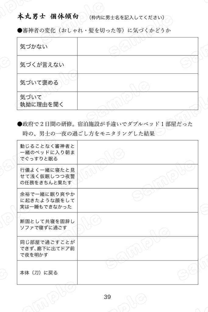 本丸男士観察帳(自本丸妄想書き込みノート)