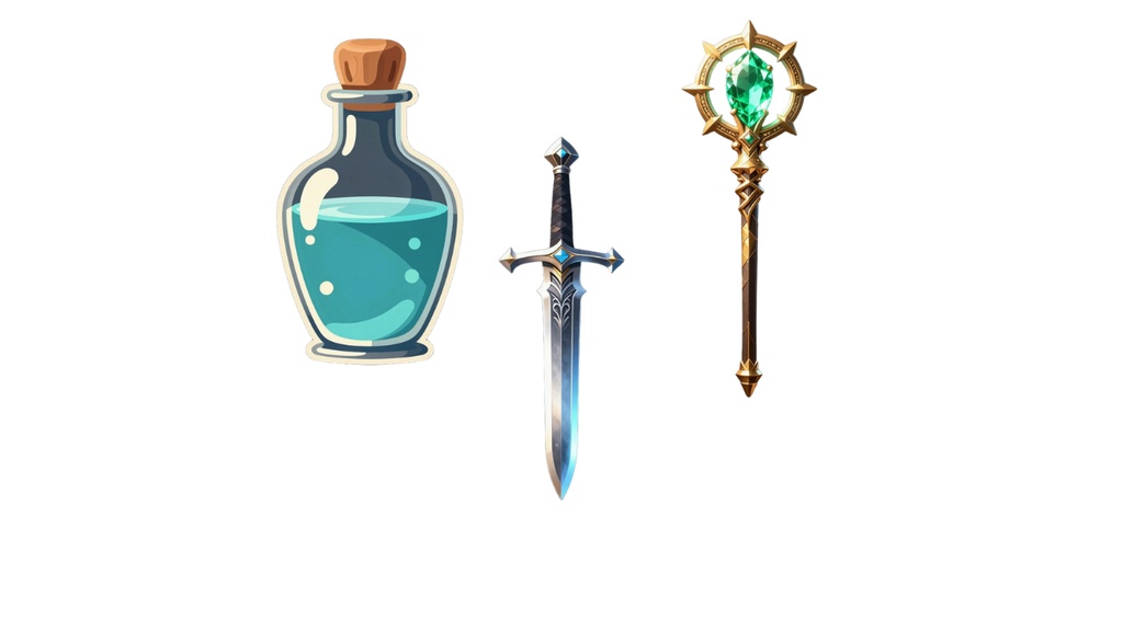 【商用可】ファンタジーアイコン素材 60種セット（ポーション・魔法の杖・剣）/ 1024x1024 透過PNG