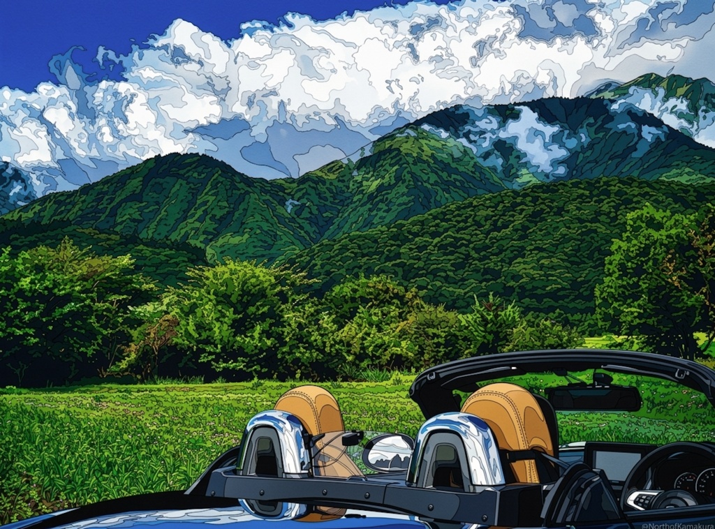 【デジタル壁紙/アート】夏の白馬とコペン — “Drive where your heart leads” Digital Art / Wallpaper: "Hakuba Summer Drive" - Copen & Blue Sky
