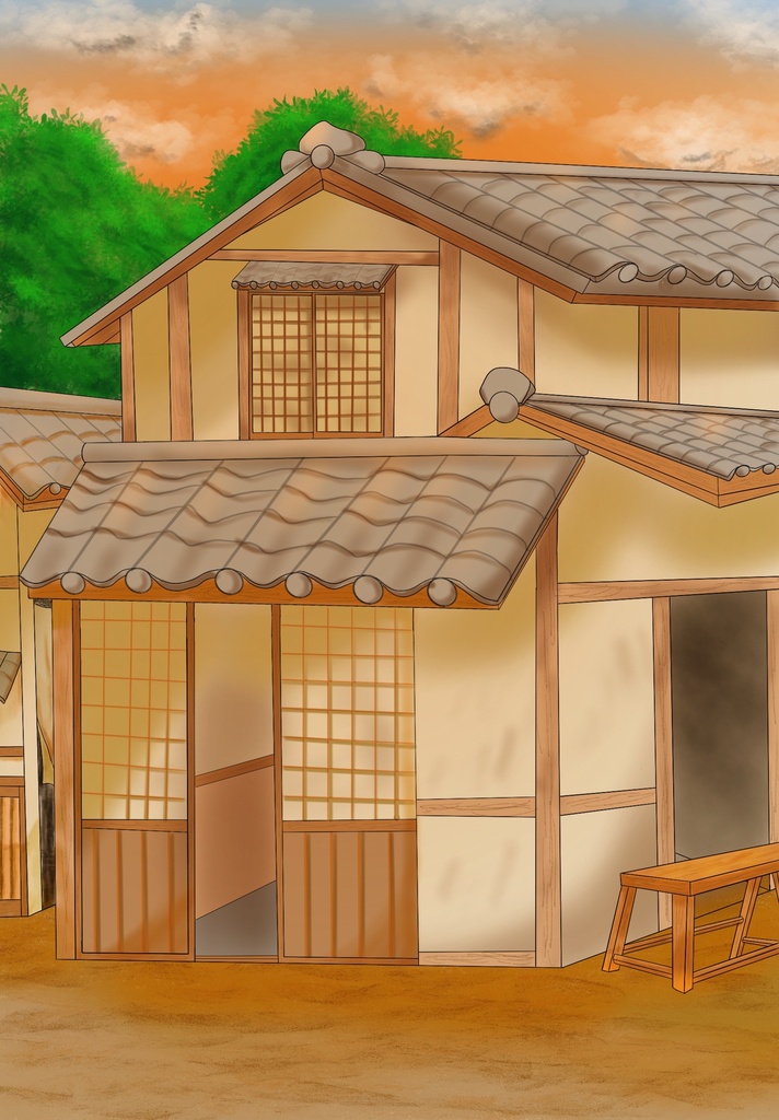 【無料素材】和風町並み背景セット(昼・夕・夜 3種類の時間差分付き)