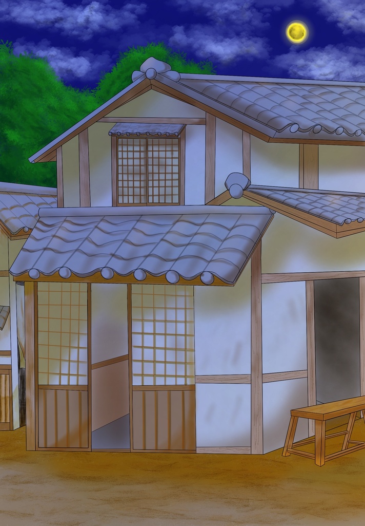 【無料素材】和風町並み背景セット(昼・夕・夜 3種類の時間差分付き)