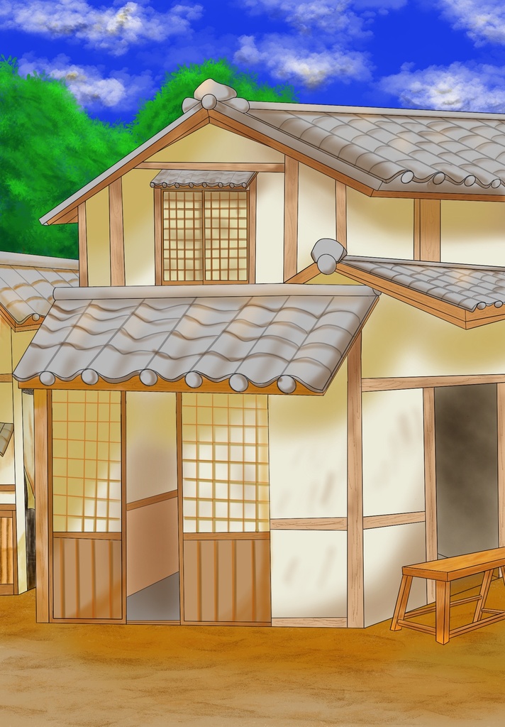 【無料素材】和風町並み背景セット(昼・夕・夜 3種類の時間差分付き)