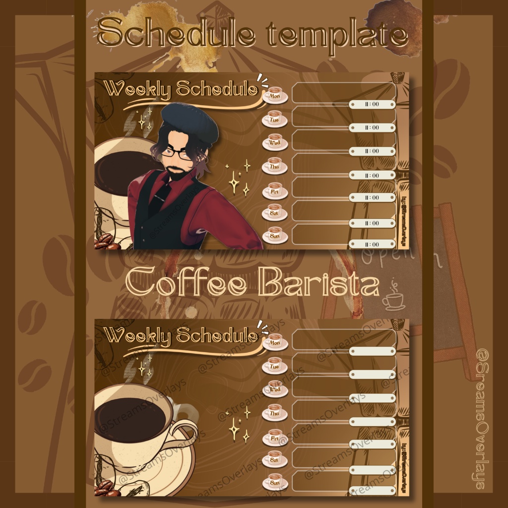 【週間スケジュール素材】カフェ店員 全6種セット / Coffee Barista Weekly Schedule — Full Set (6 types)【Vtuber/配信素材】