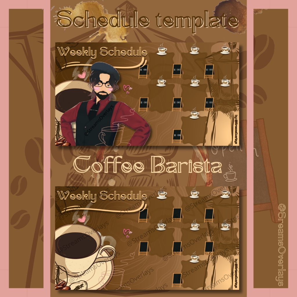 【週間スケジュール素材】カフェ店員 全6種セット / Coffee Barista Weekly Schedule — Full Set (6 types)【Vtuber/配信素材】