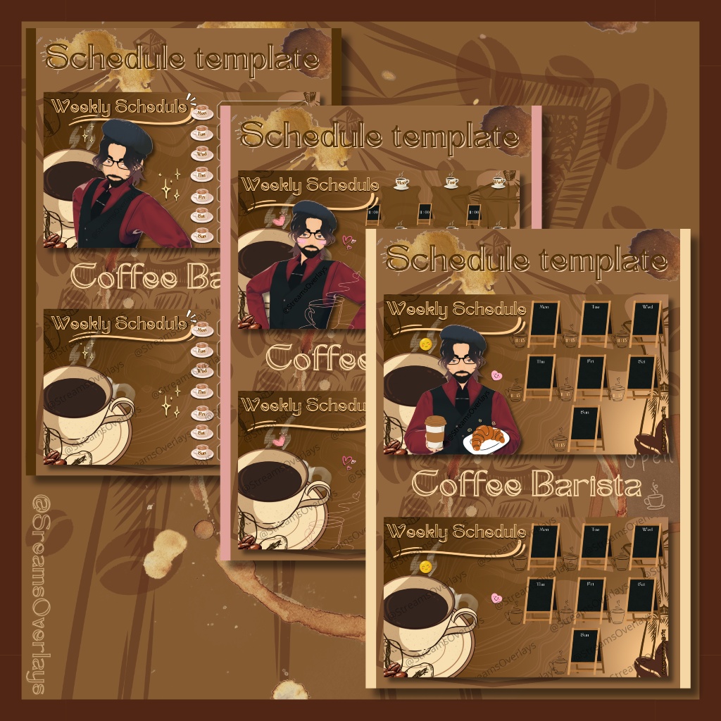 【週間スケジュール素材】カフェ店員 全6種セット / Coffee Barista Weekly Schedule — Full Set (6 types)【Vtuber/配信素材】