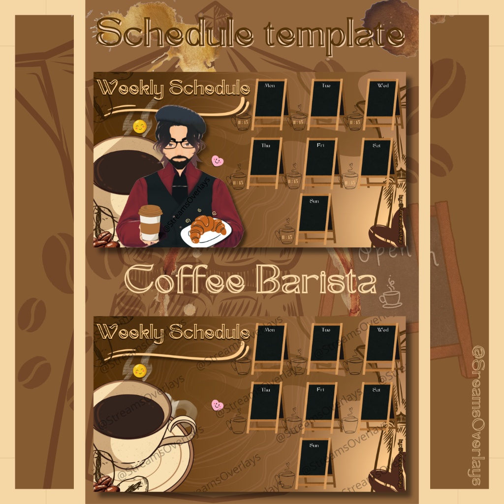 【週間スケジュール素材】カフェ店員 全6種セット / Coffee Barista Weekly Schedule — Full Set (6 types)【Vtuber/配信素材】