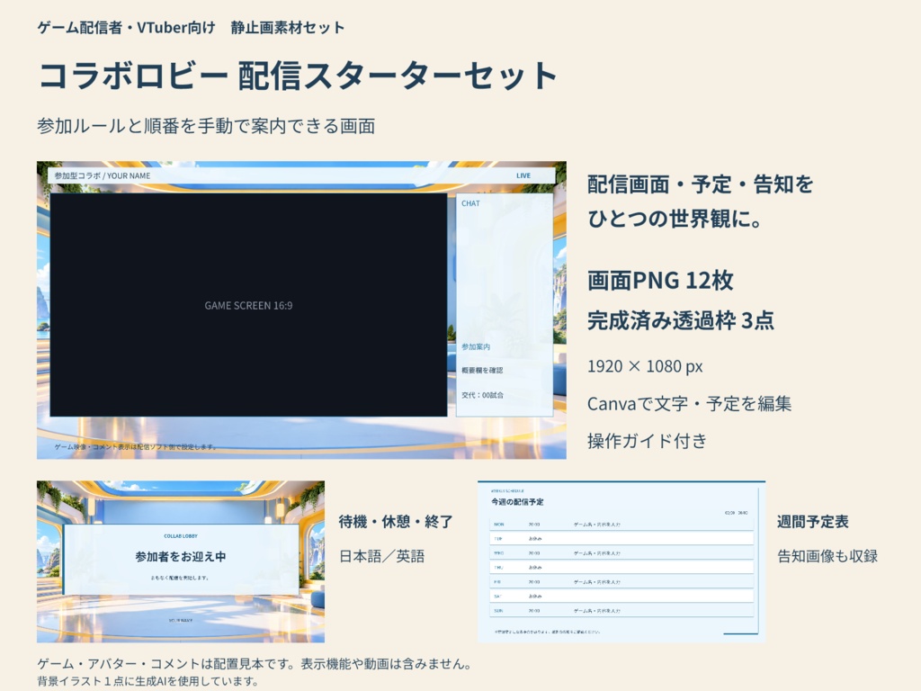 【Canva編集可】コラボロビー 配信スターターセット|画面12枚+透過枠3点