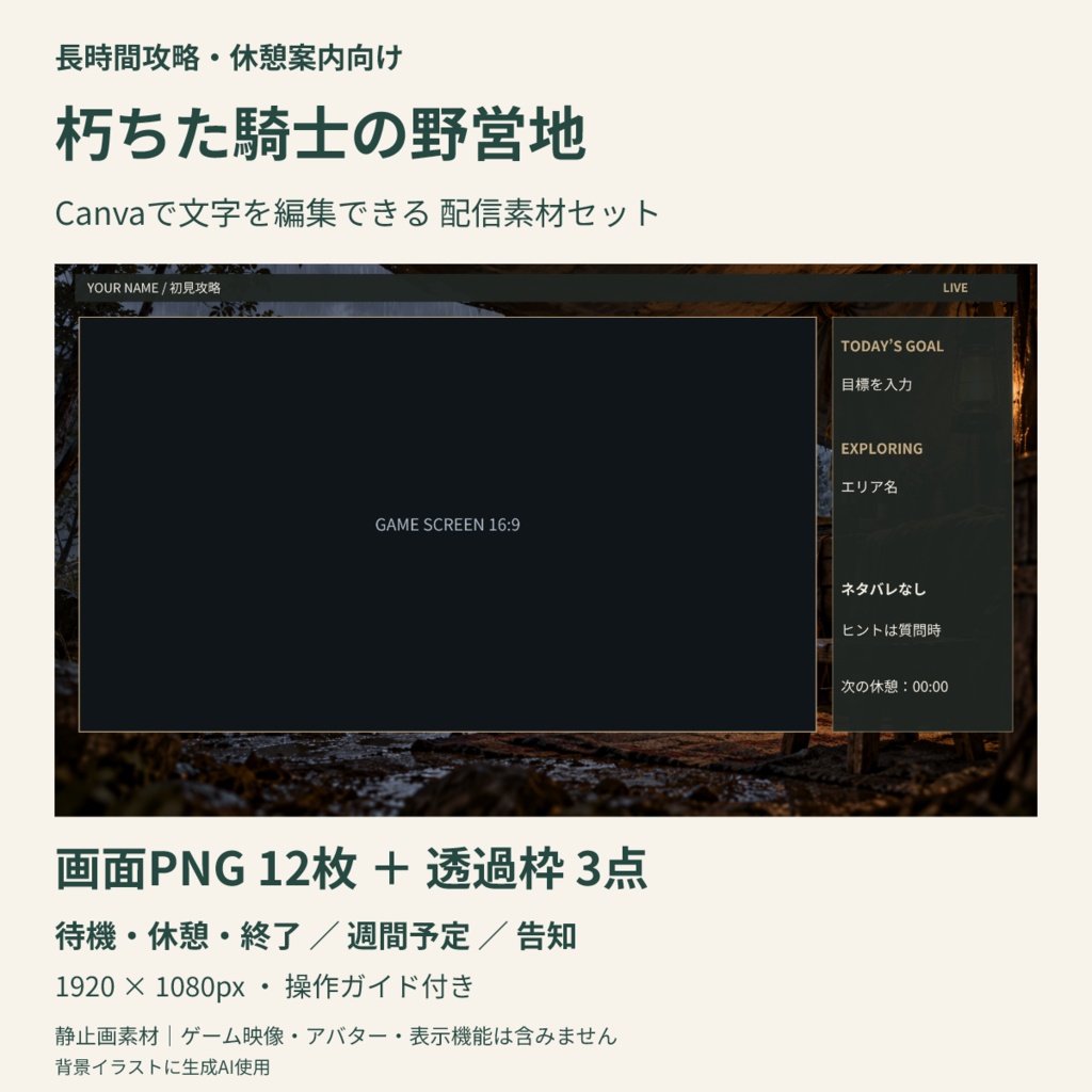 【Canva編集可】朽ちた騎士の野営地 配信スターターセット｜初見攻略・画面12枚＋透過枠3点