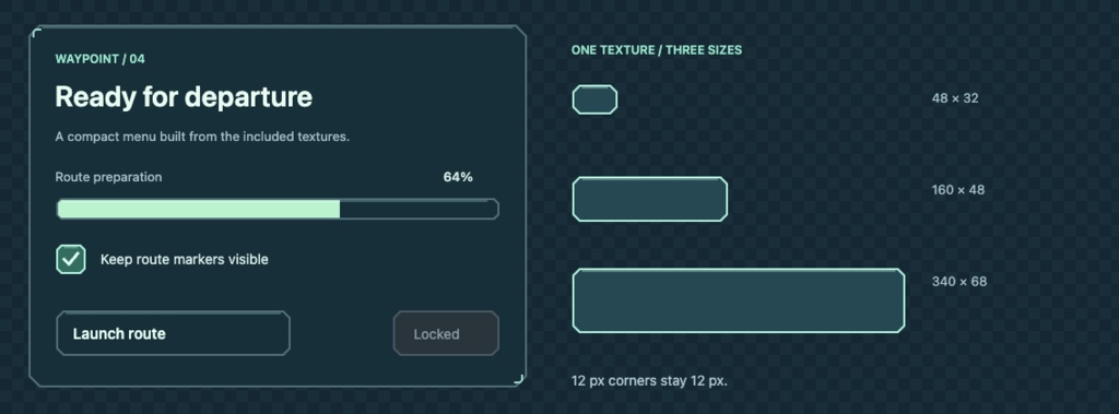 Foldline UI Starter｜ゲームUI 4部品×4状態｜SVG・透過PNG・9-slice座標