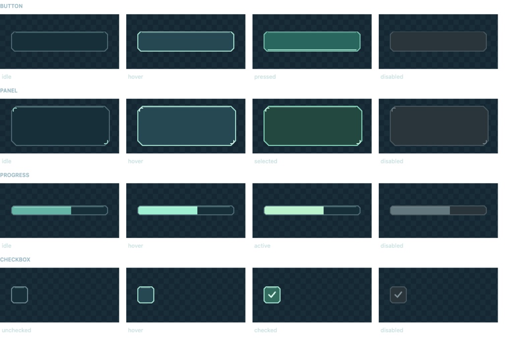 Foldline UI Starter|ゲームUI 4部品×4状態|SVG・透過PNG・9-slice座標