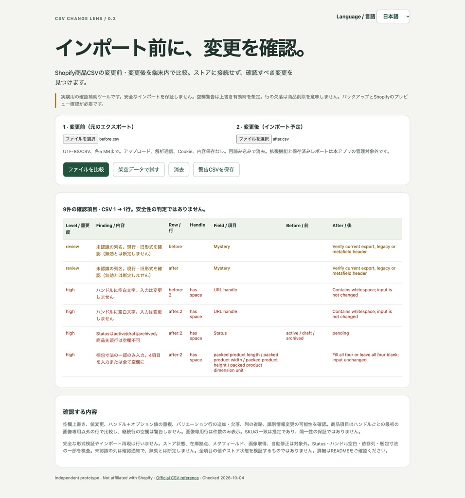 CSV Change Lens v0.2｜Shopify商品CSVの変更点レビュー補助