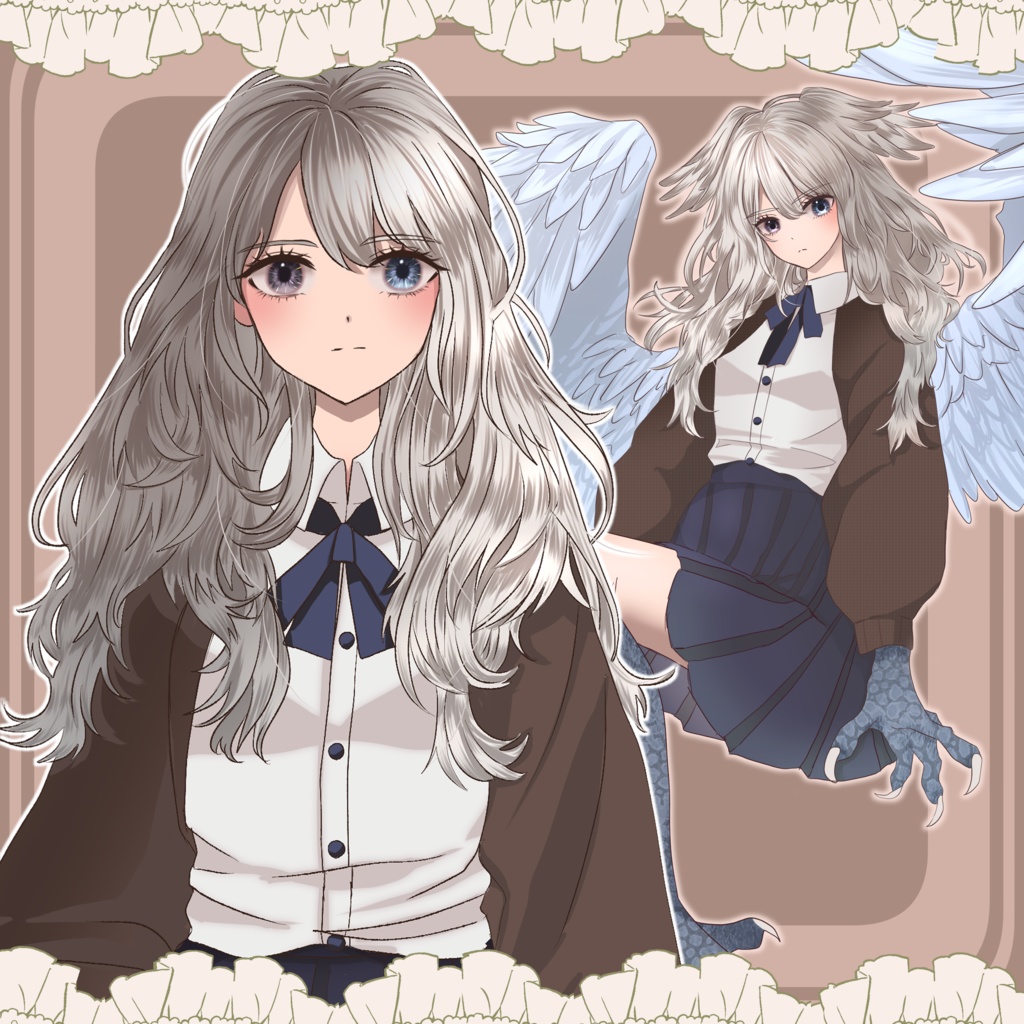 【イラスト🌟無料】獣化する制服のオッドアイ女の子【全身立ち絵】