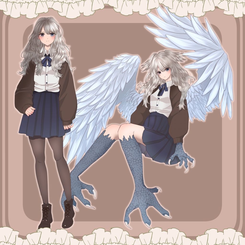 【イラスト🌟無料】獣化する制服のオッドアイ女の子【全身立ち絵】