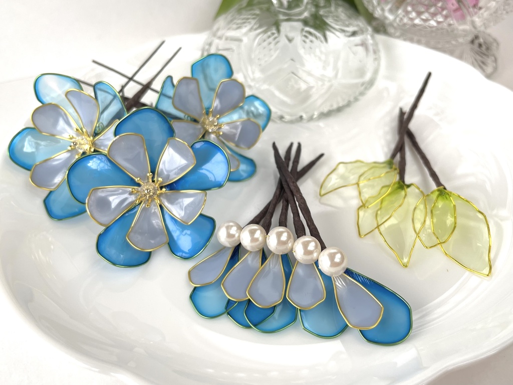 青い花の髪飾り *ディップフラワー *ヘッドドレス