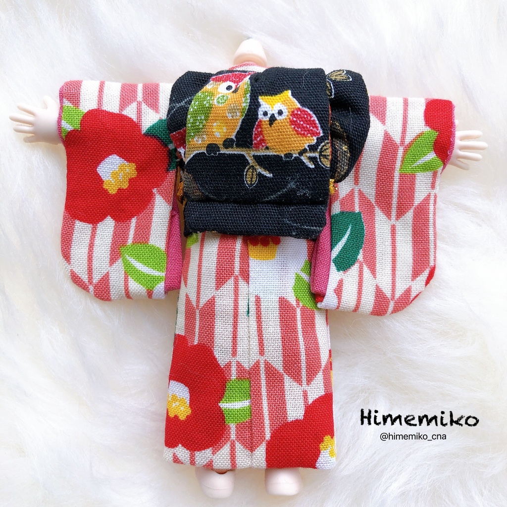 【オビツ11】大正ロマン風着物セット/椿・梟帯