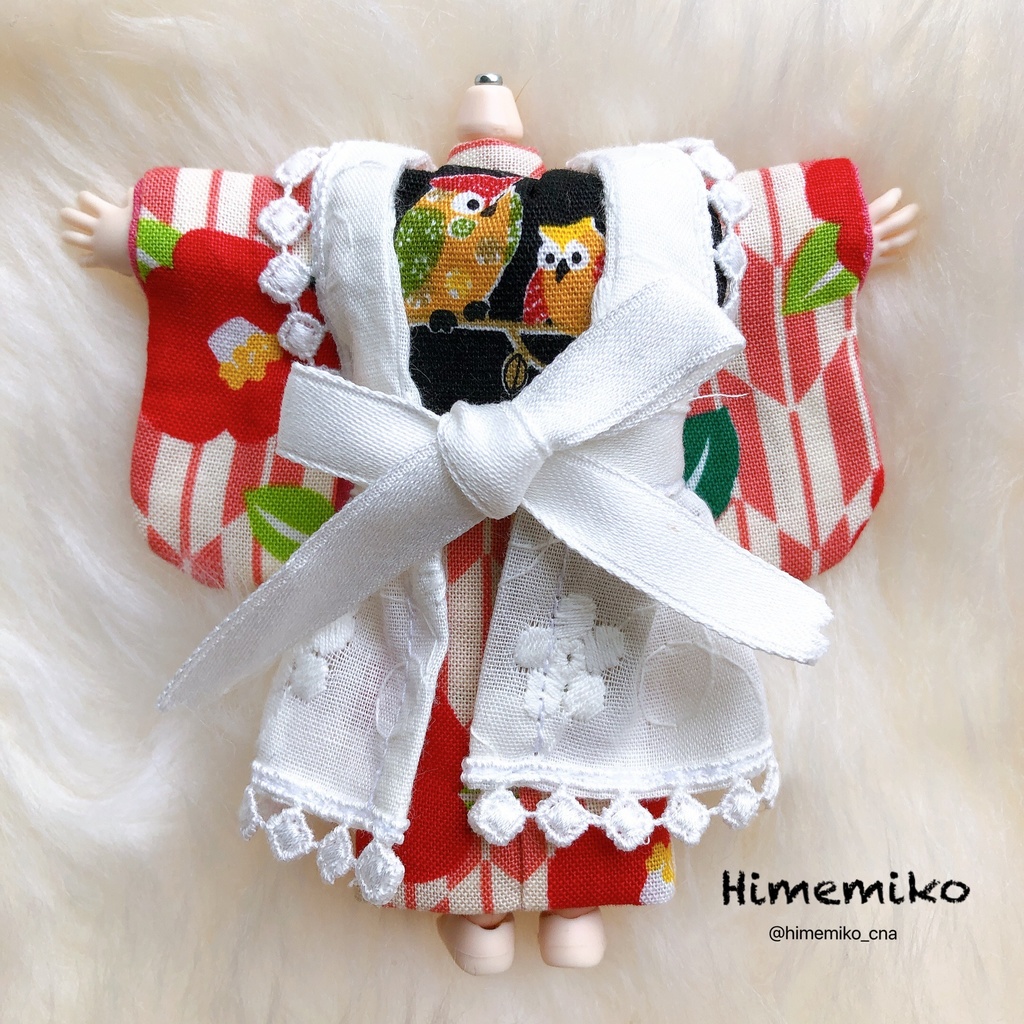 【オビツ11】大正ロマン風着物セット/椿・梟帯