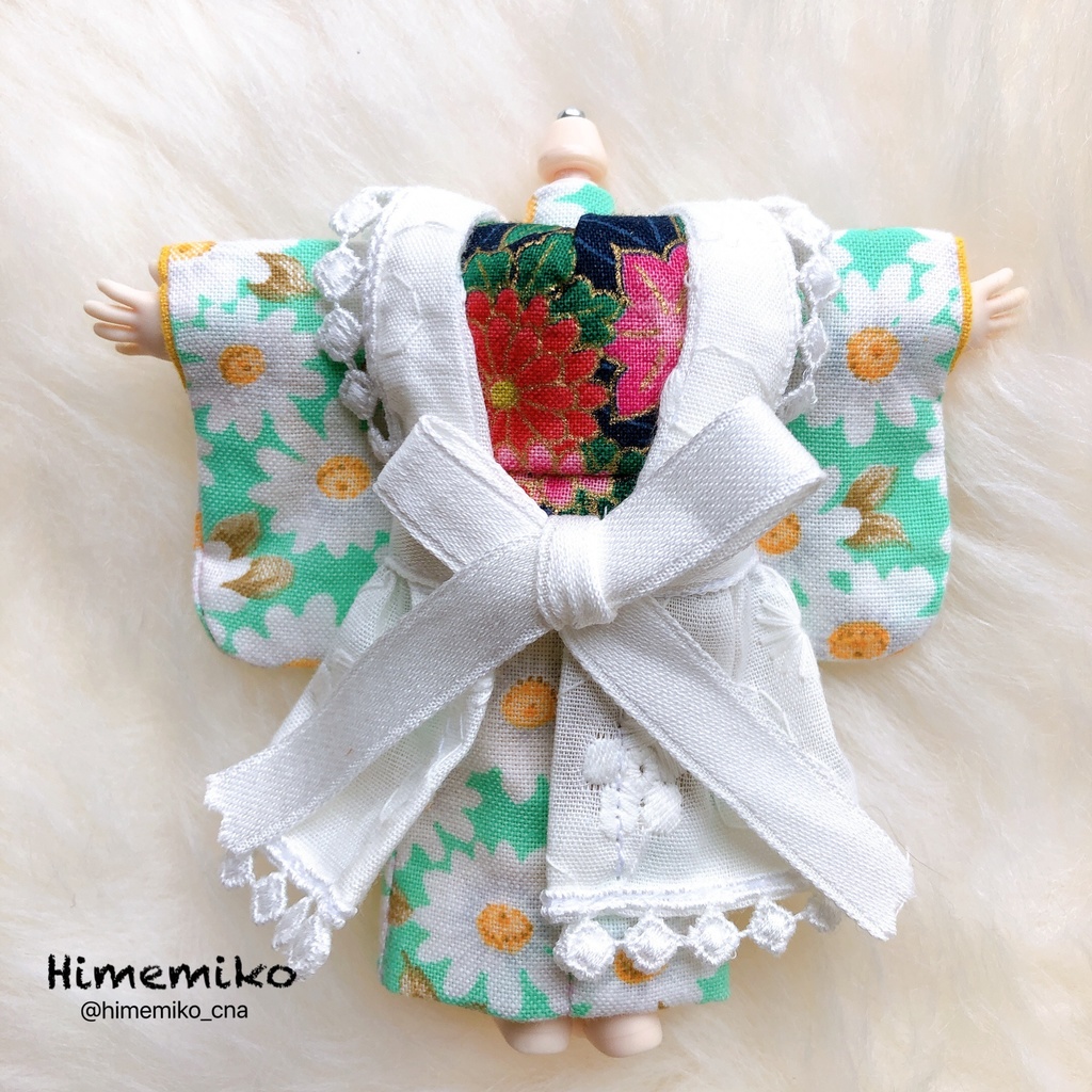 【オビツ11】大正ロマン風着物セット/翡翠・ひな菊