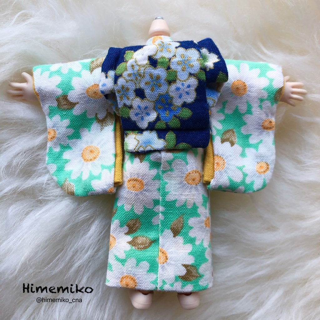 リニューアル【オビツ11】大正ロマン風着物セット/翡翠・花てまり