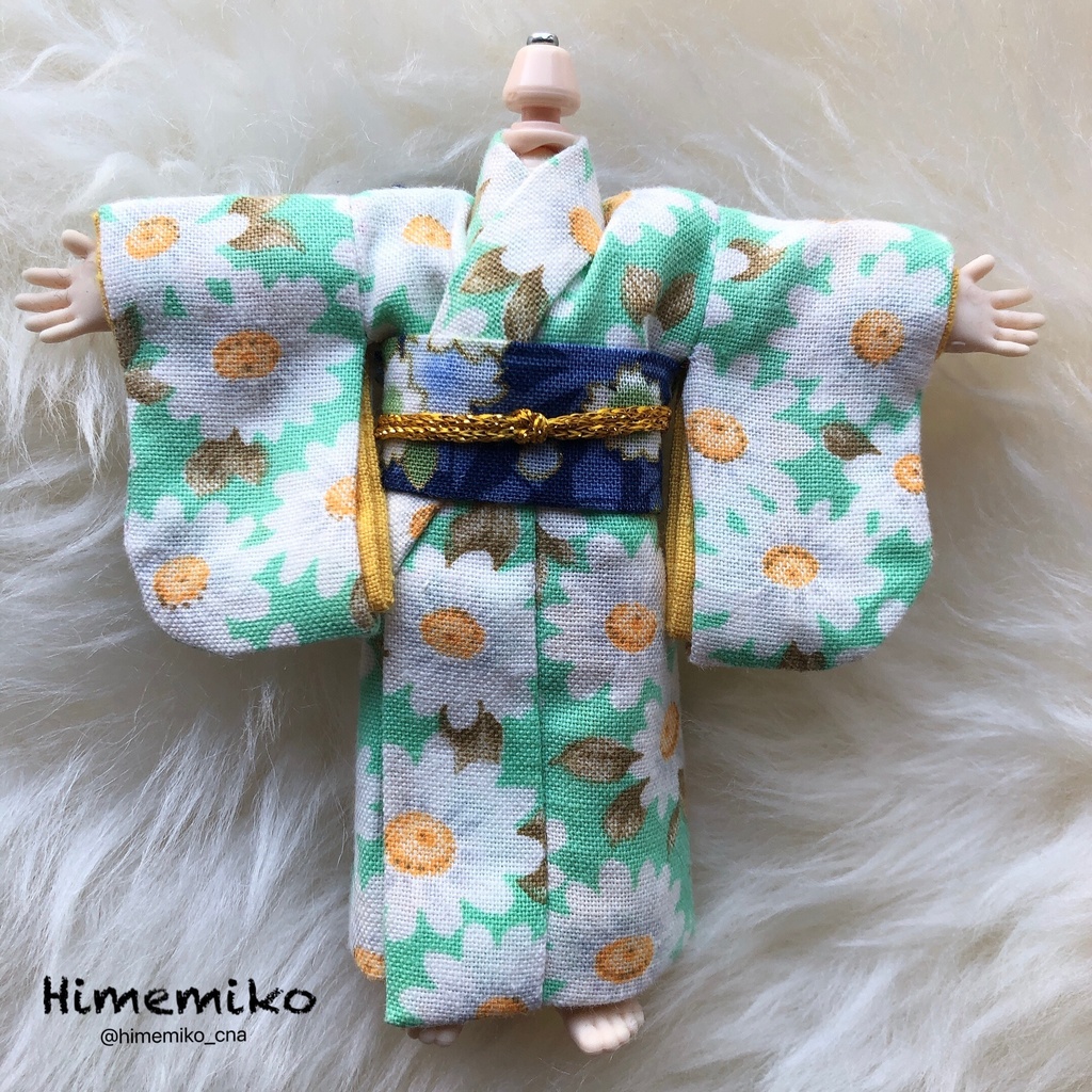 リニューアル【オビツ11】大正ロマン風着物セット/翡翠・花てまり