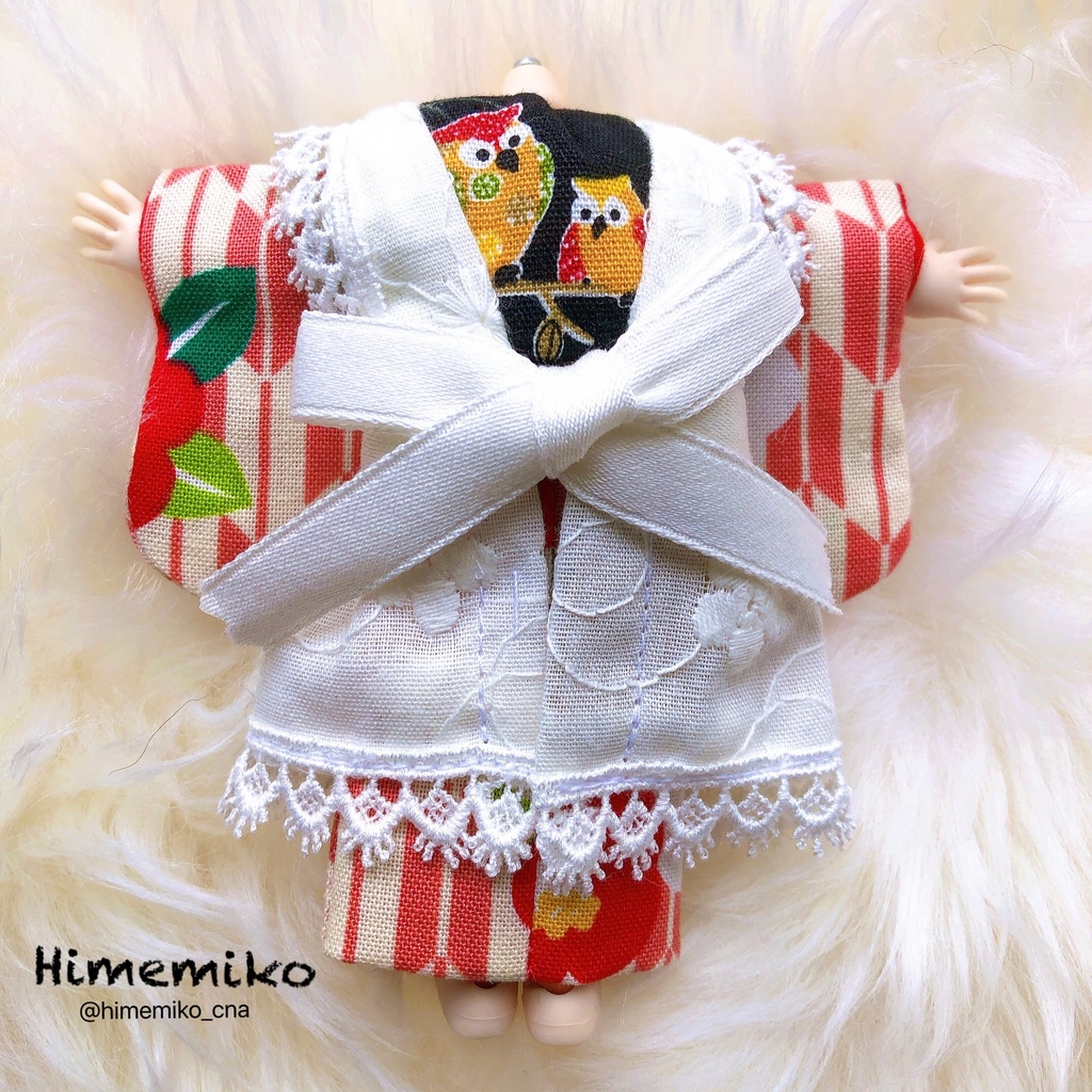 【オビツ11】大正ロマン風着物セット/椿・梟帯