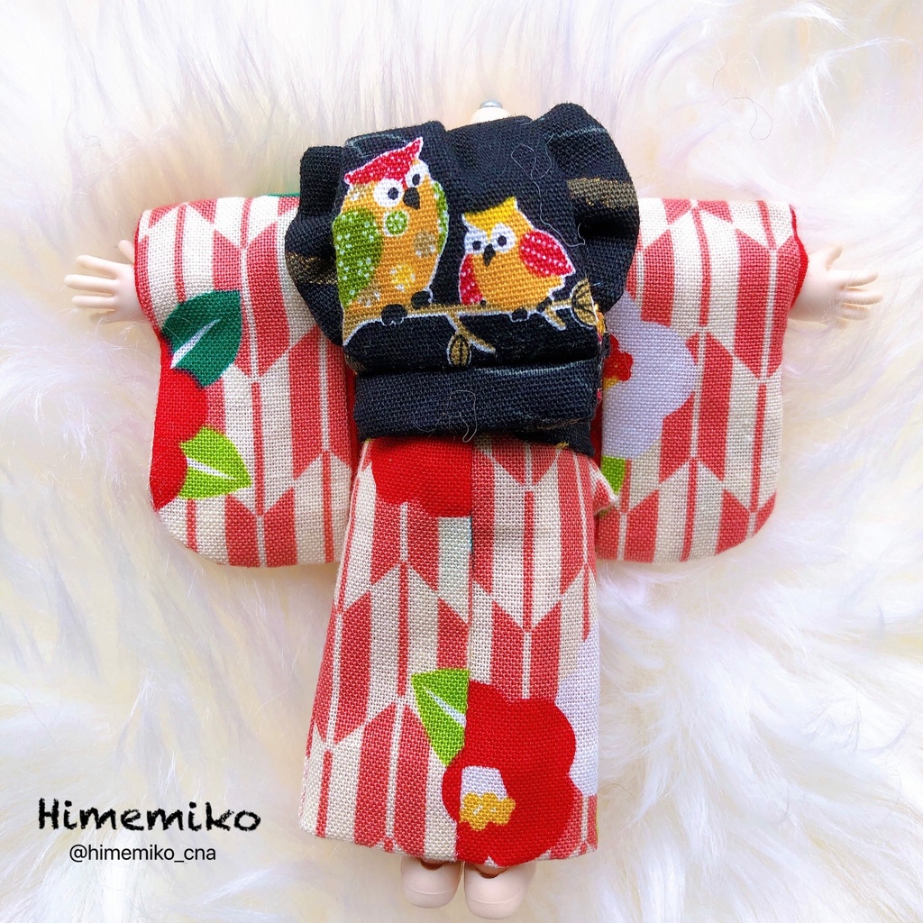 【オビツ11】大正ロマン風着物セット/椿・梟帯