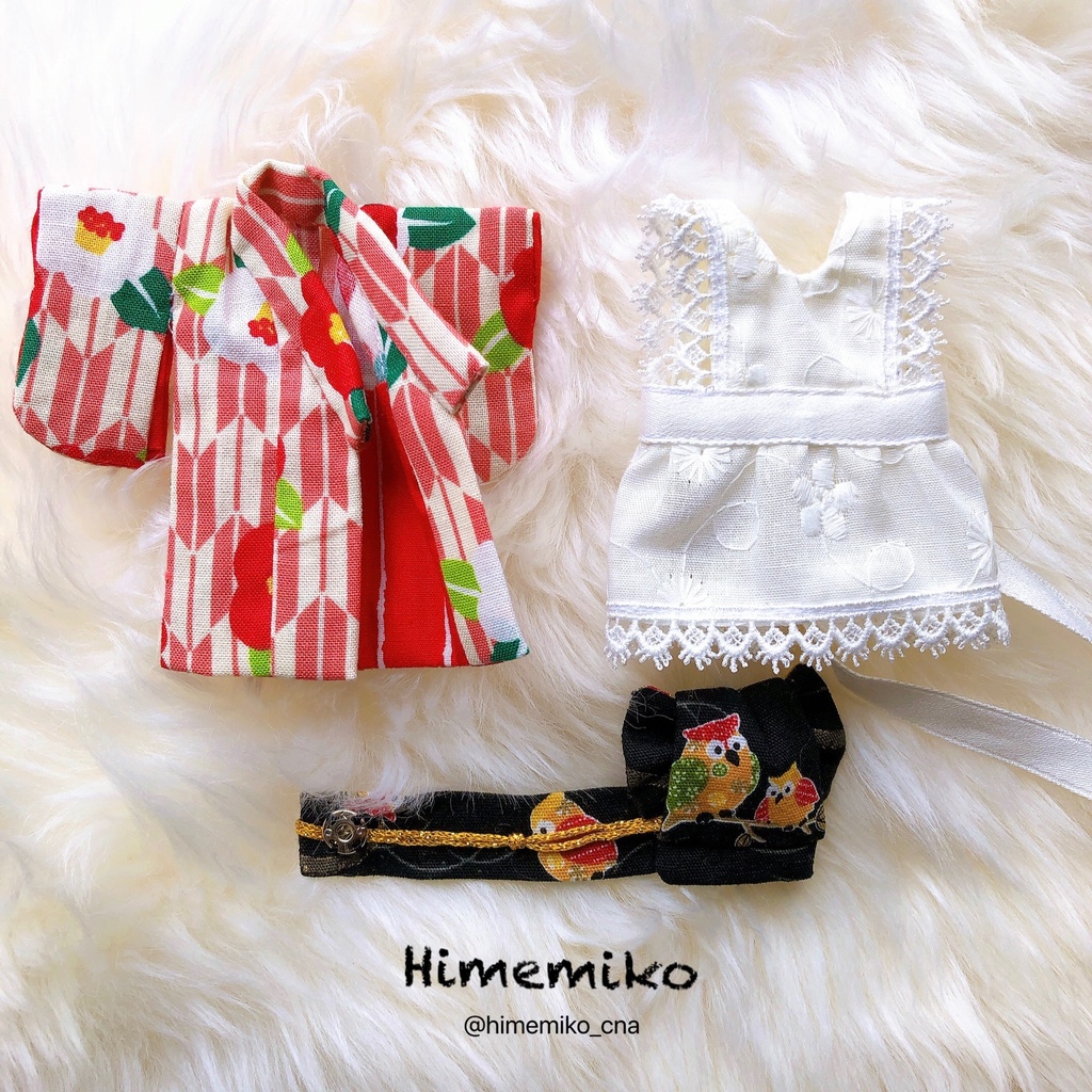 【オビツ11】大正ロマン風着物セット/椿・梟帯