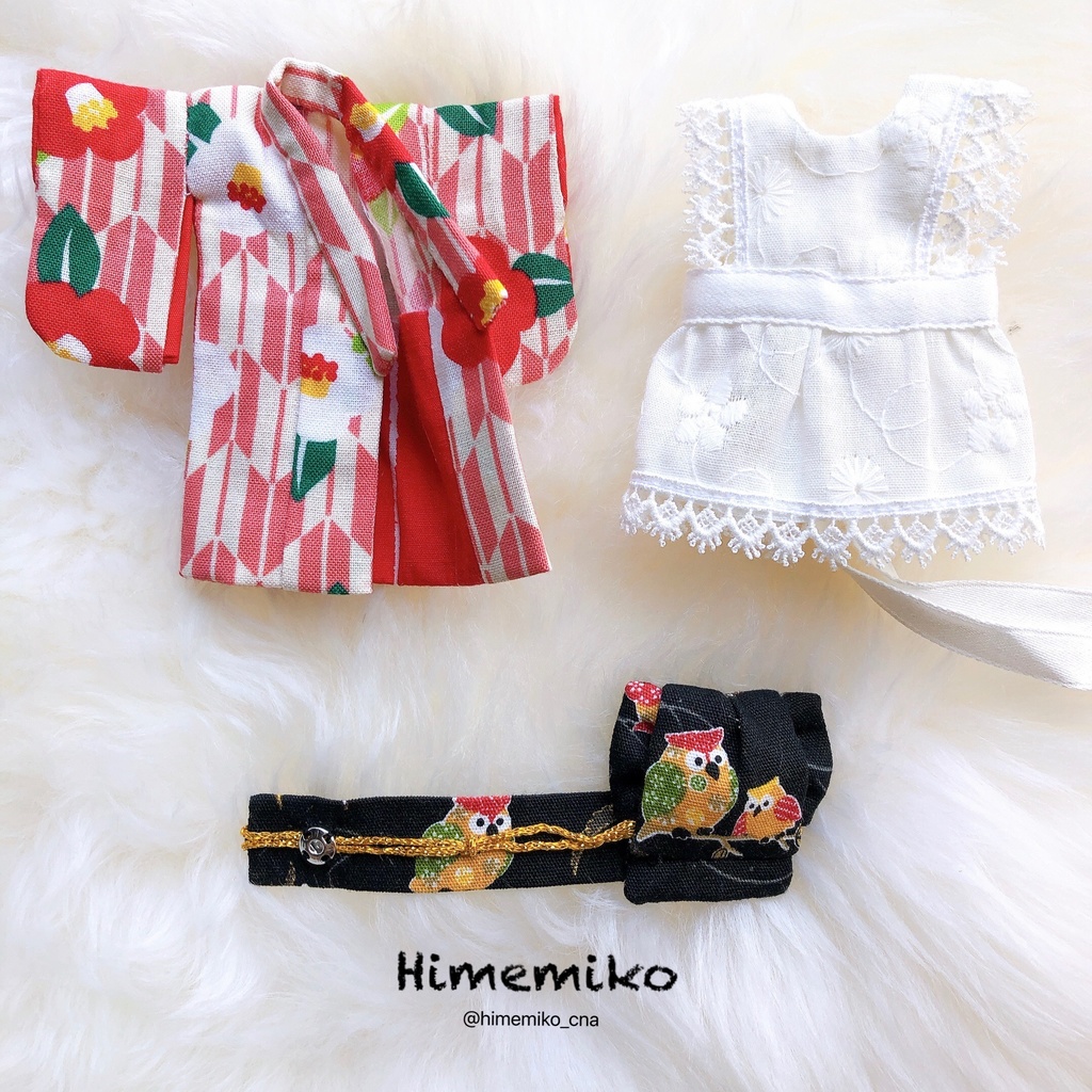 【オビツ11】大正ロマン風着物セット/椿・梟帯