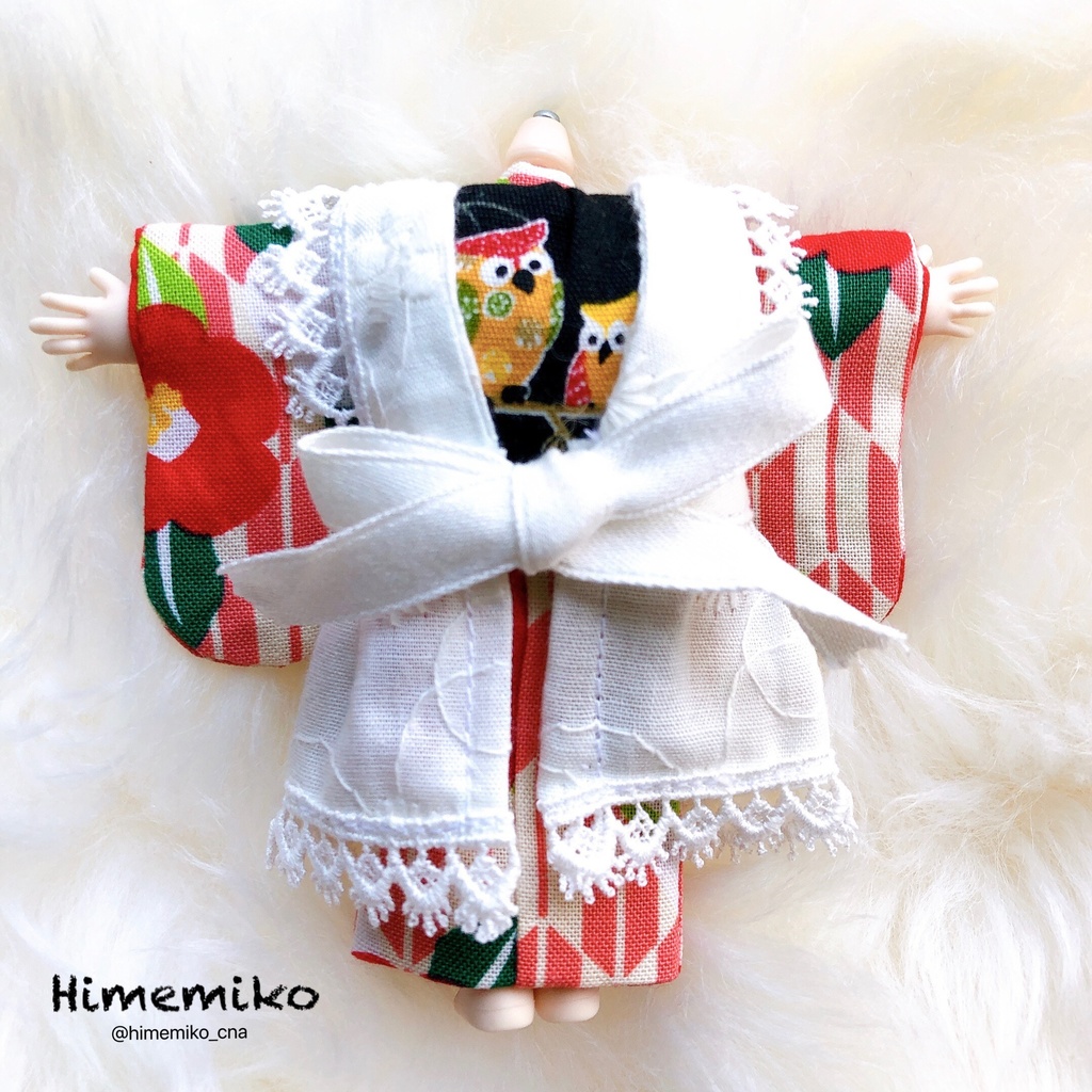 【オビツ11】大正ロマン風着物セット/椿・梟帯