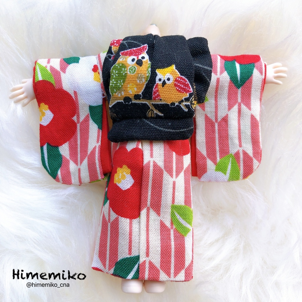 【オビツ11】大正ロマン風着物セット/椿・梟帯