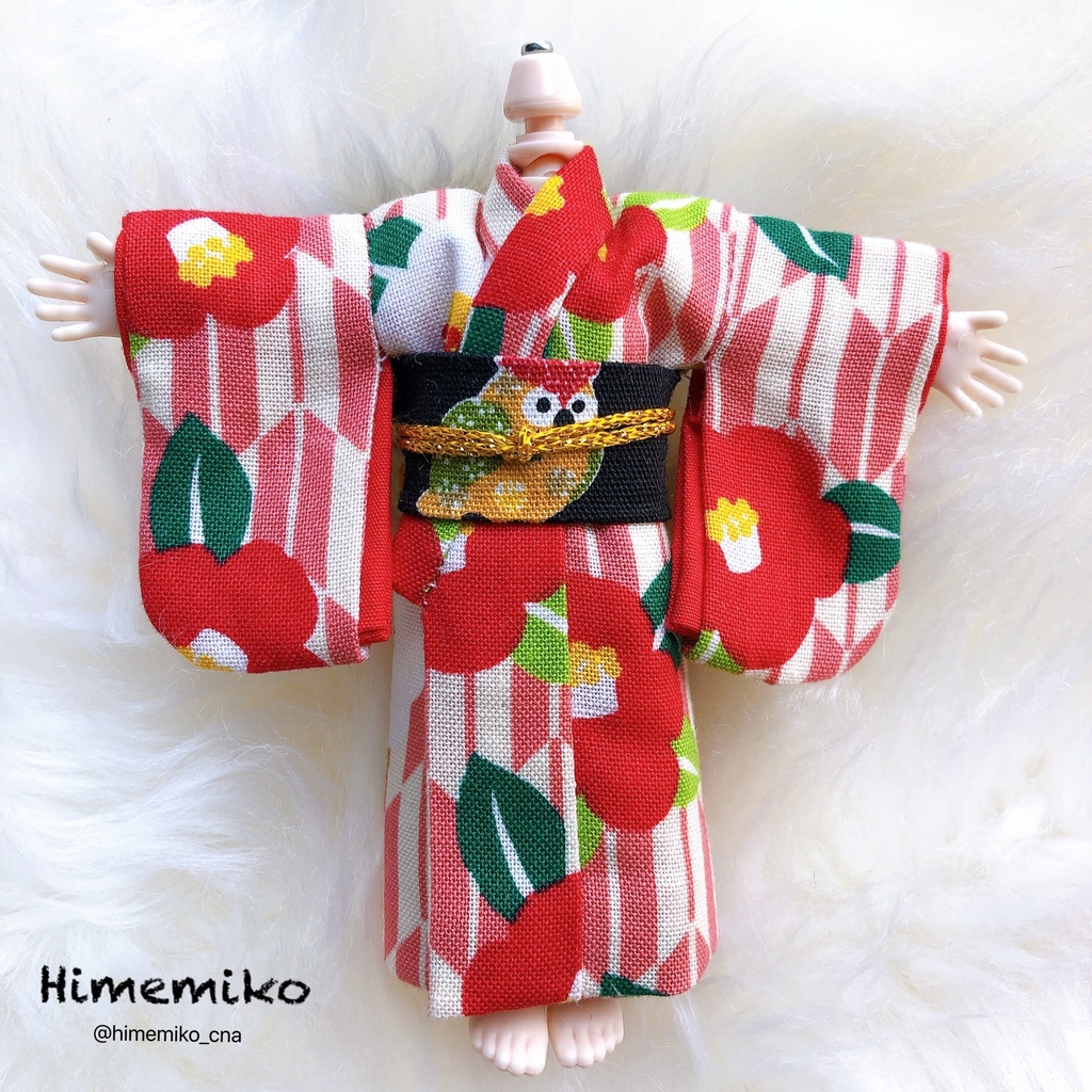 【オビツ11】大正ロマン風着物セット/椿・梟帯