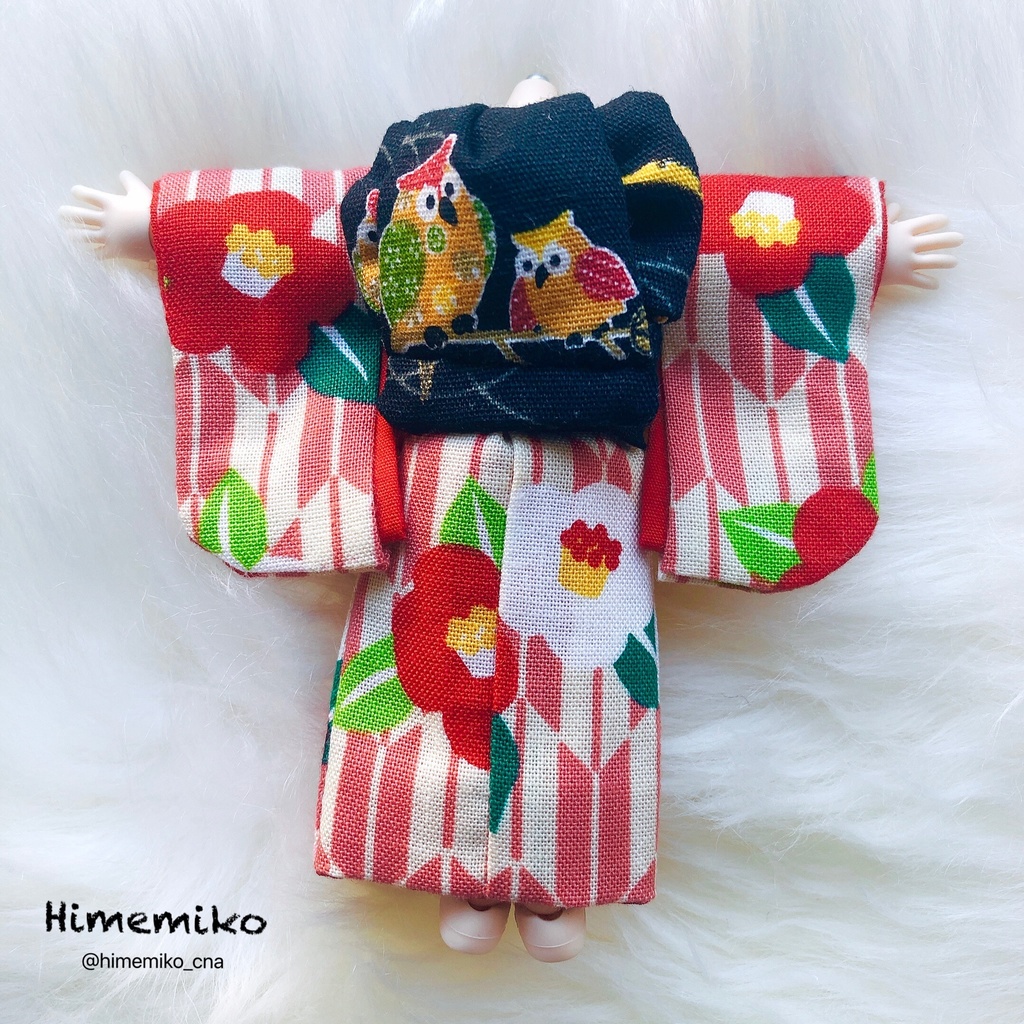 【オビツ11】大正ロマン風着物セット/椿・梟帯