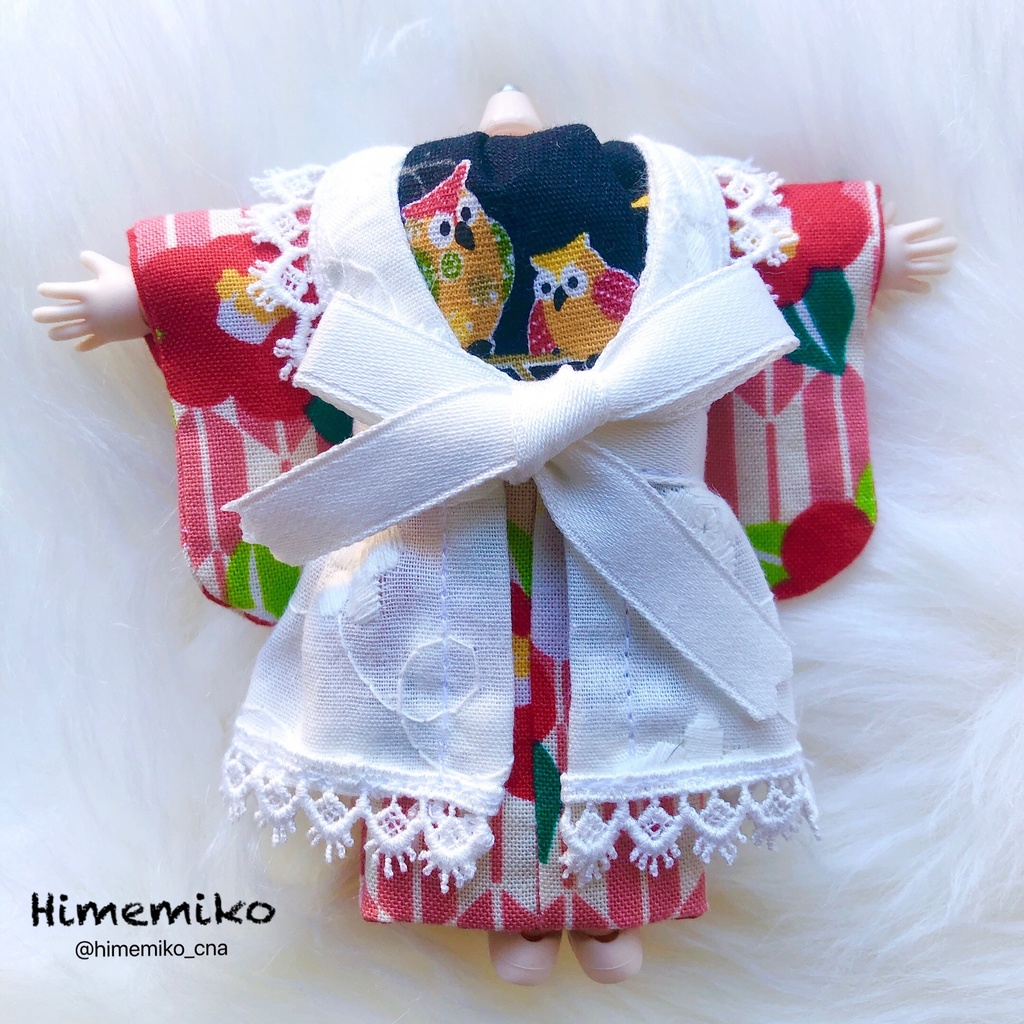 【オビツ11】大正ロマン風着物セット/椿・梟帯