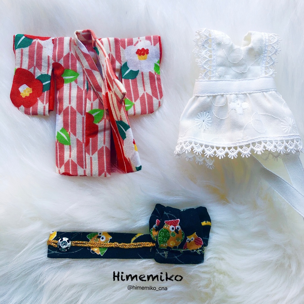 【オビツ11】大正ロマン風着物セット/椿・梟帯