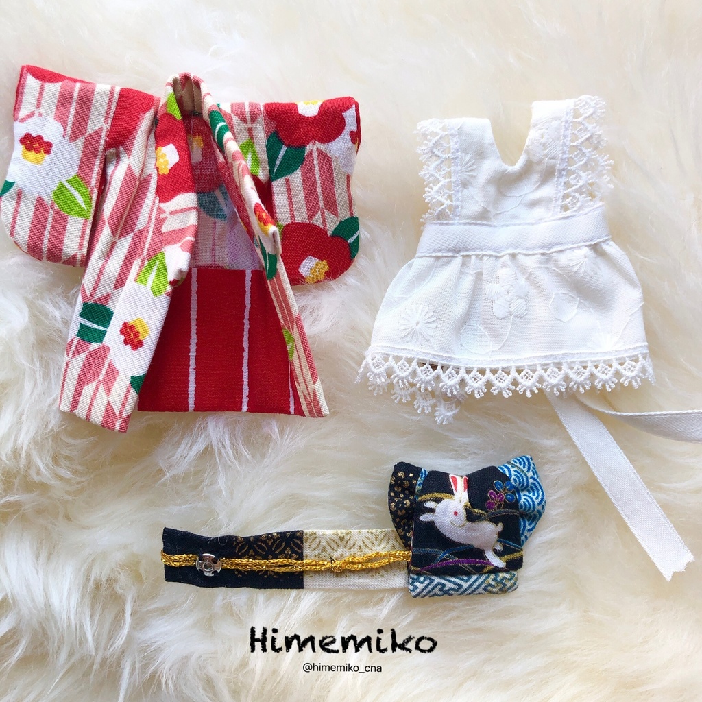 リニューアル【オビツ11】大正ロマン風着物セット/椿・うさぎ帯