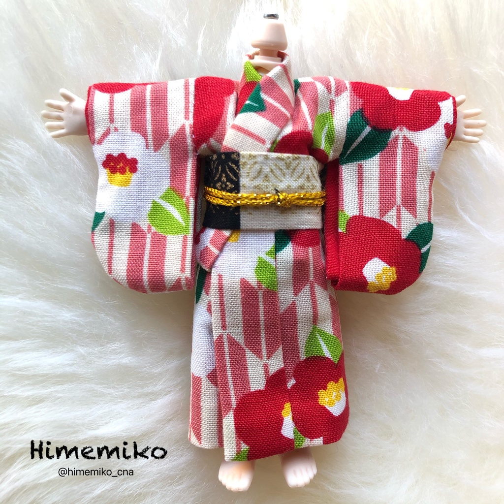 リニューアル【オビツ11】大正ロマン風着物セット/椿・うさぎ帯