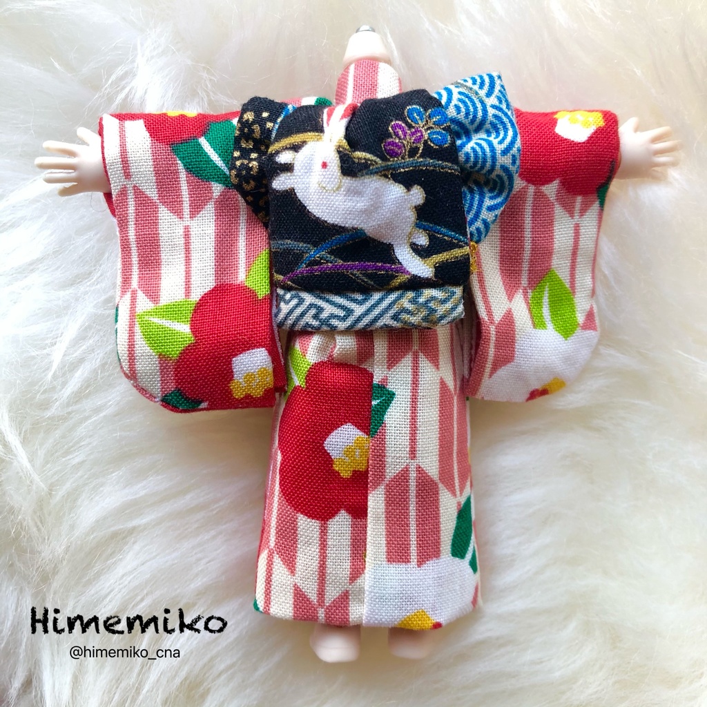 リニューアル【オビツ11】大正ロマン風着物セット/椿・うさぎ帯