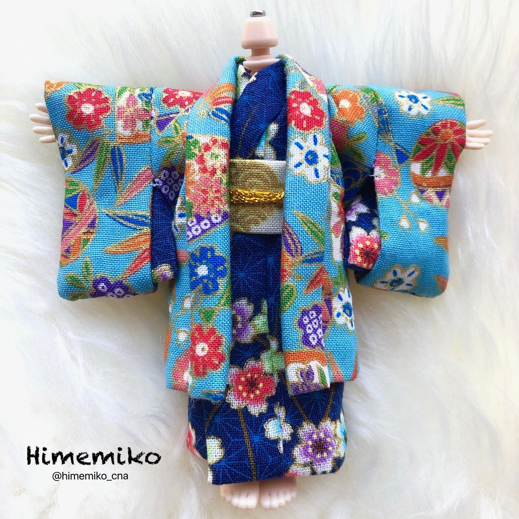 再販 オビツ11 大正ロマン羽織 着物セット 露草 てまり柄 藍 桜柄 四つ菱帯 Himemiko Booth