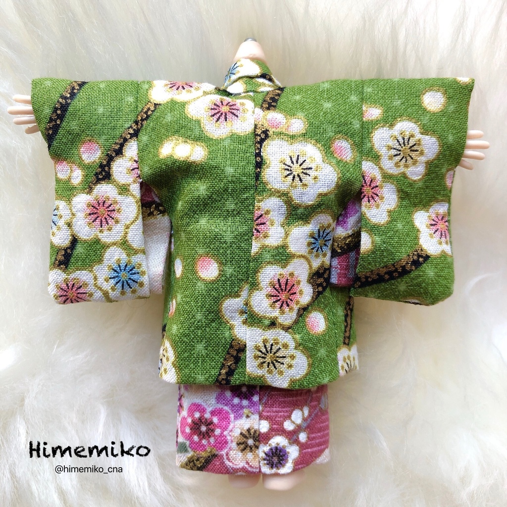 再販【オビツ11】大正ロマン羽織・着物セット(鶯・梅柄+藤・鶴柄帯)