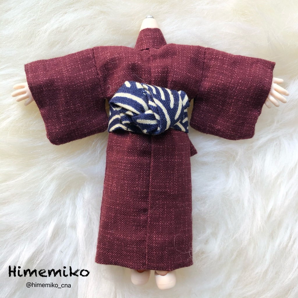 【オビツ11】総裏2部式トンビコート+着物(臙脂)4点セット