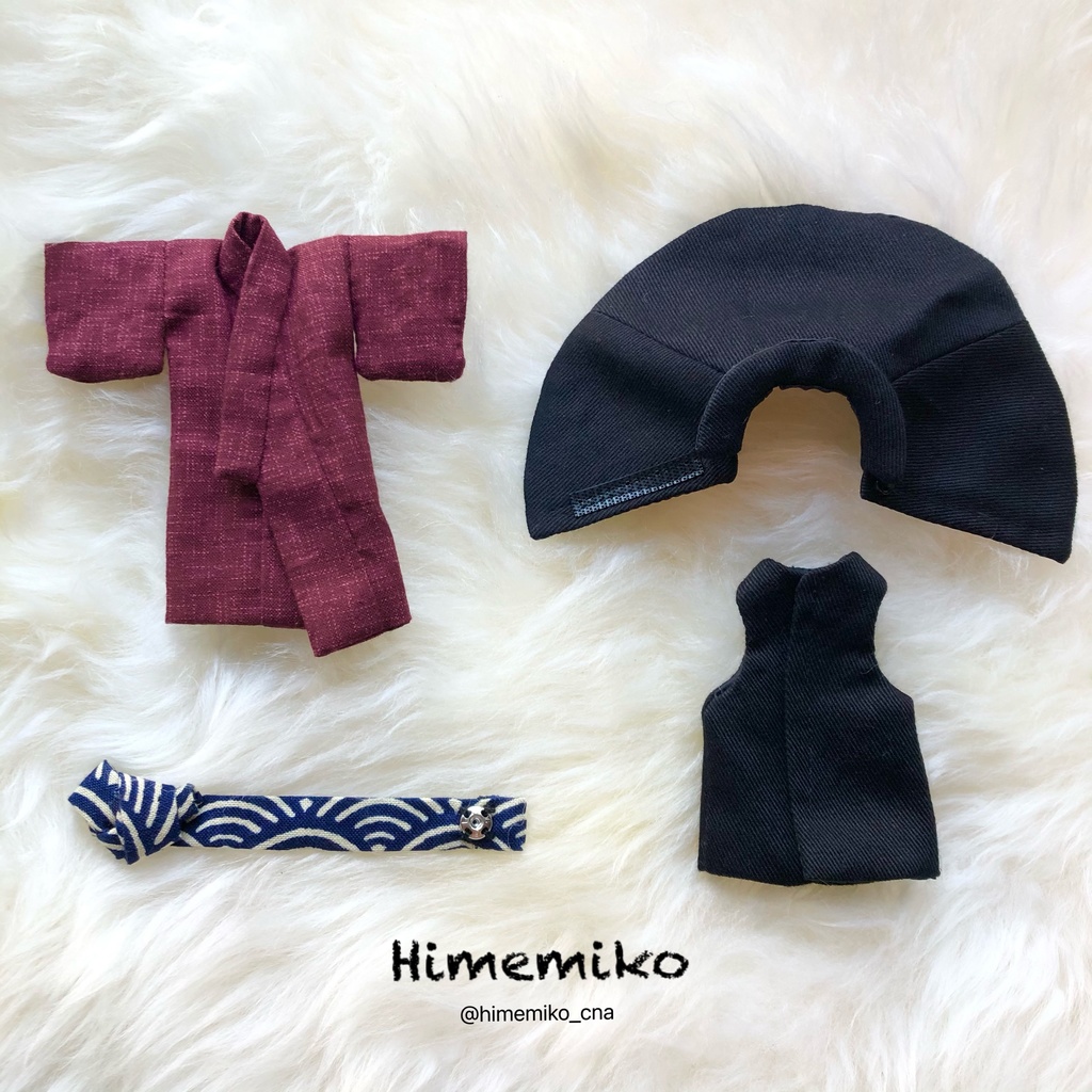 【オビツ11】総裏2部式トンビコート+着物(臙脂)4点セット