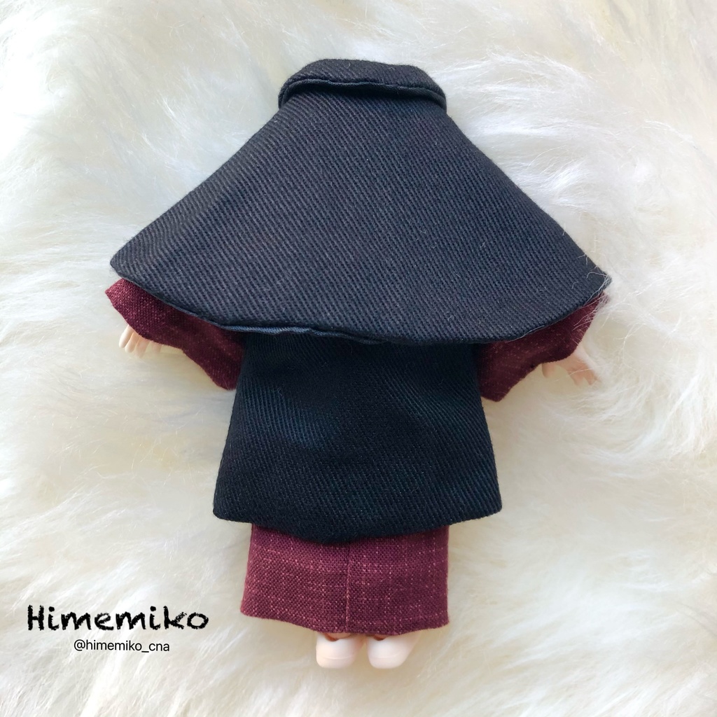 【オビツ11】総裏2部式トンビコート+着物(臙脂)4点セット