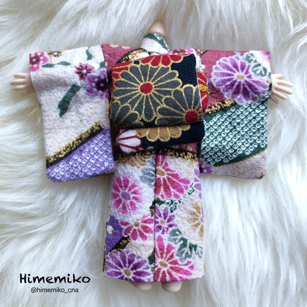 リニューアル【オビツ11】大正ロマン羽織・着物セット(鶯・梅柄+藤・菊柄帯)