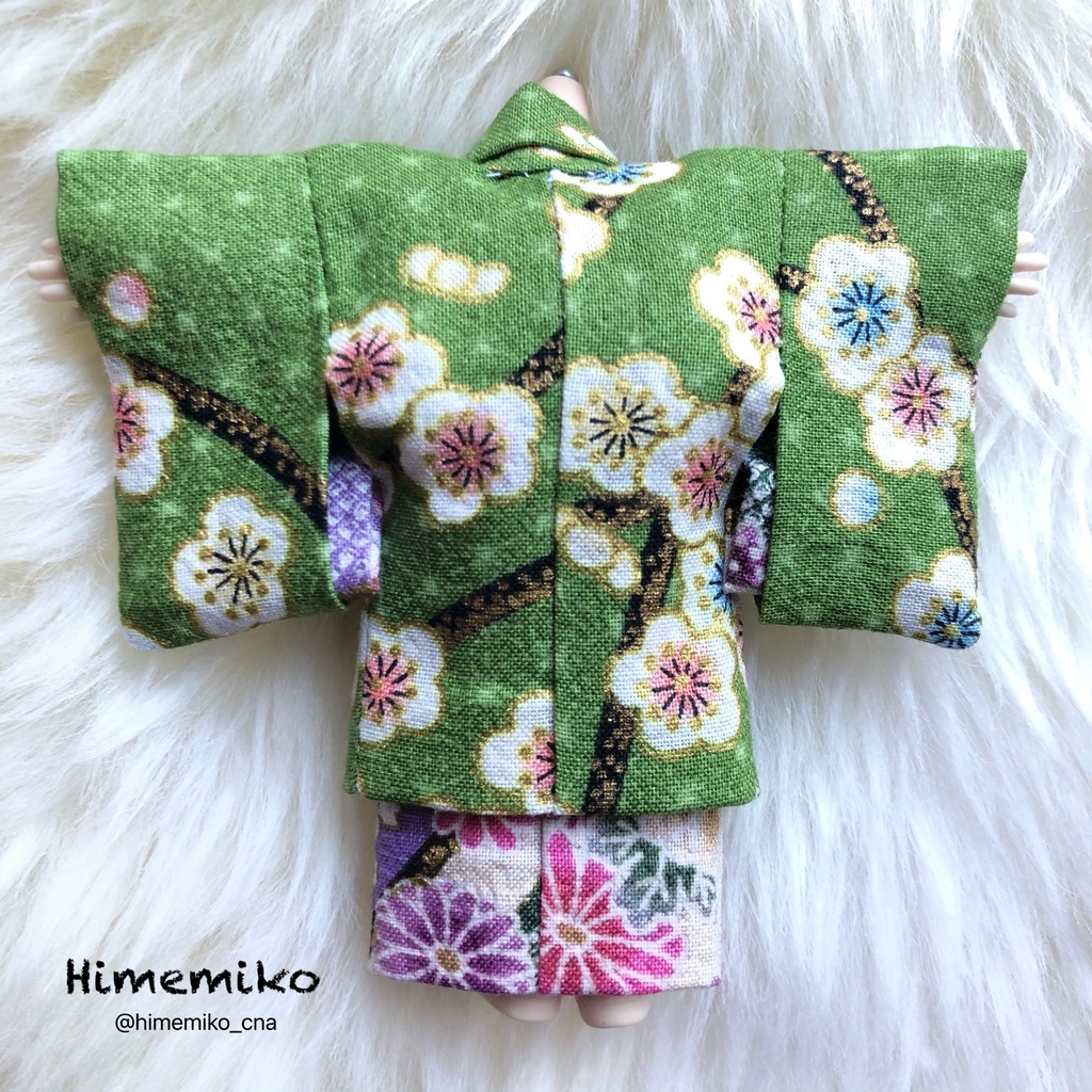 リニューアル【オビツ11】大正ロマン羽織・着物セット(鶯・梅柄+藤・菊柄帯)