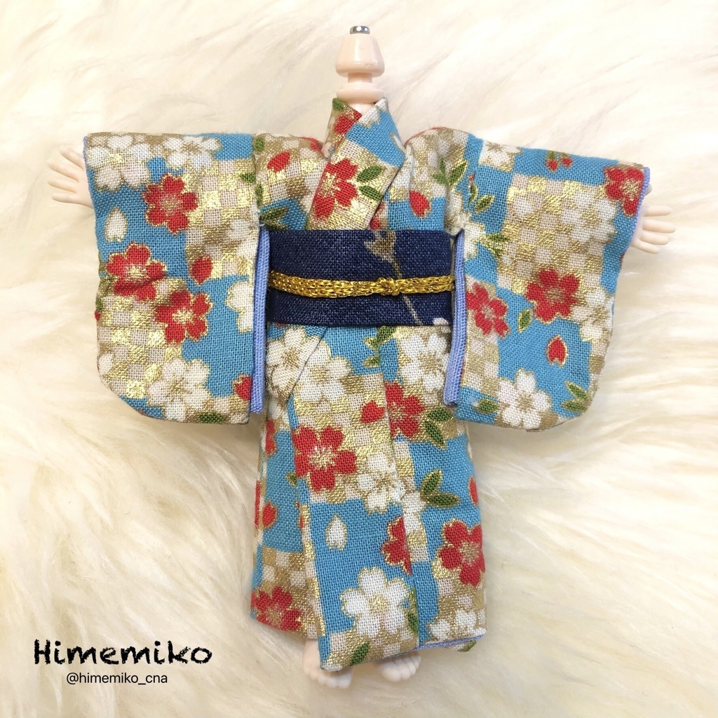 【オビツ11】大正ロマン風着物セット(露草・市松桜柄 / しだれ桜帯)