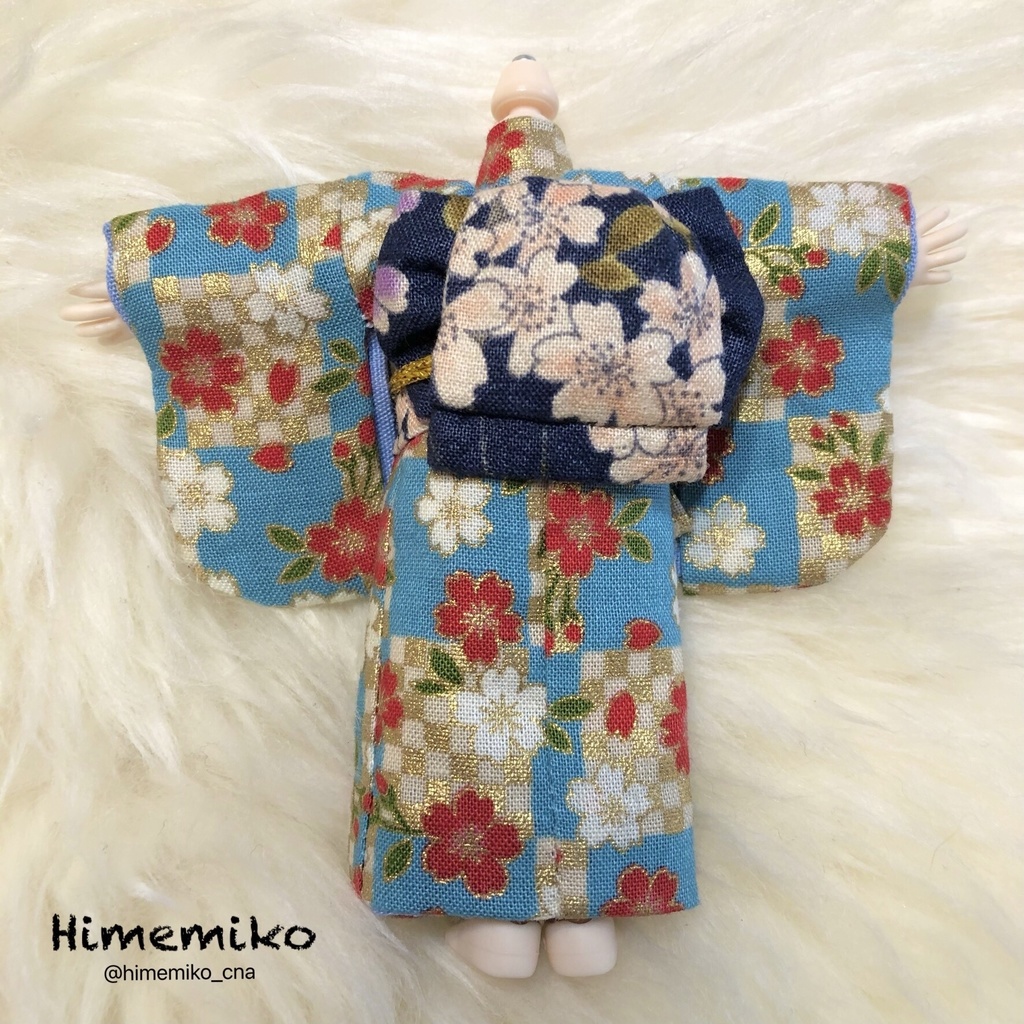 【オビツ11】大正ロマン風着物セット(露草・市松桜柄 / しだれ桜帯)