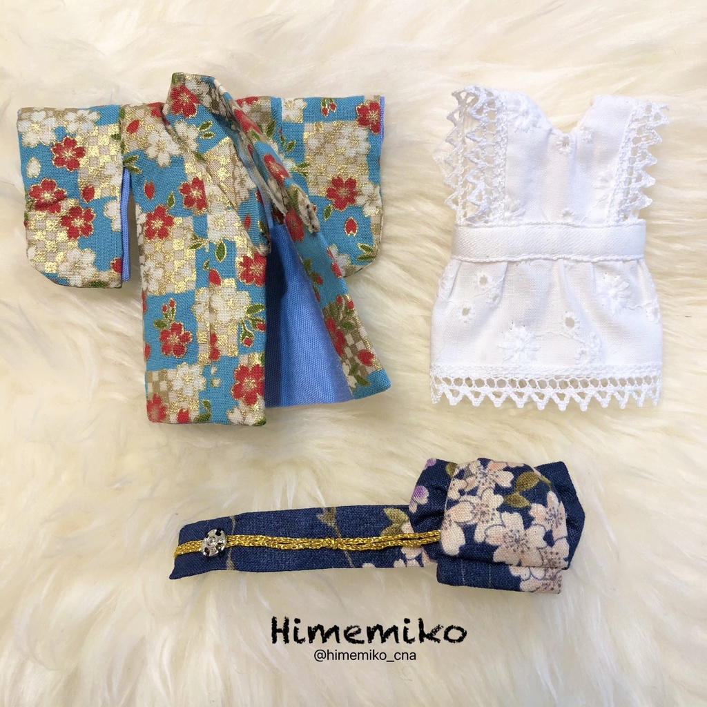 【オビツ11】大正ロマン風着物セット(露草・市松桜柄 / しだれ桜帯)