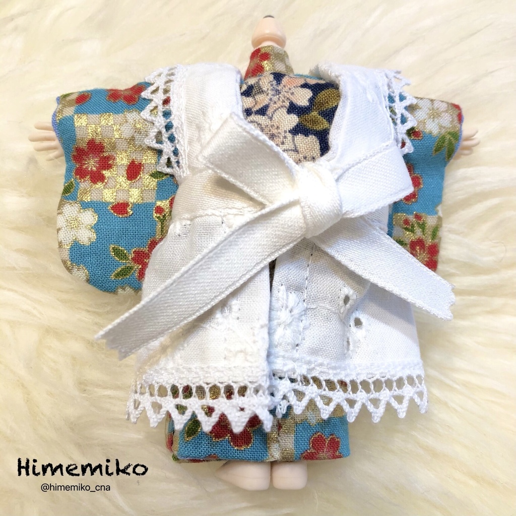 【オビツ11】大正ロマン風着物セット(露草・市松桜柄 / しだれ桜帯)