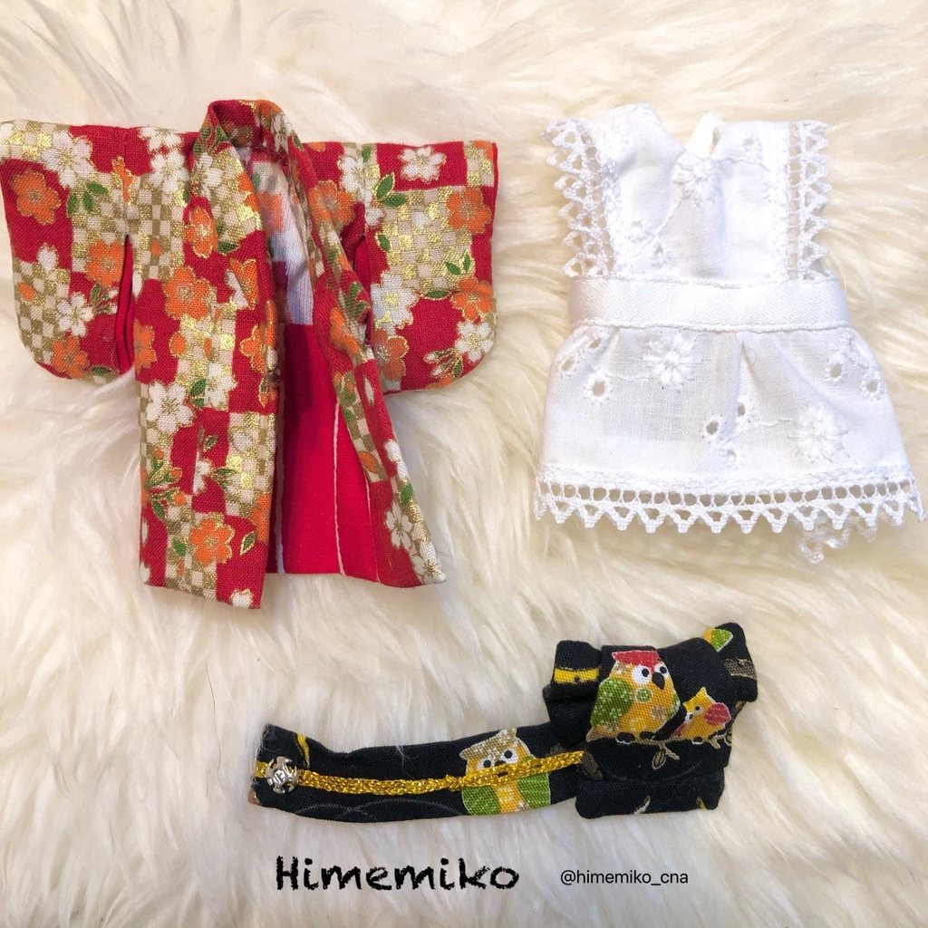 【オビツ11】大正ロマン風着物セット(紅・市松桜柄 / ふくろう柄帯)