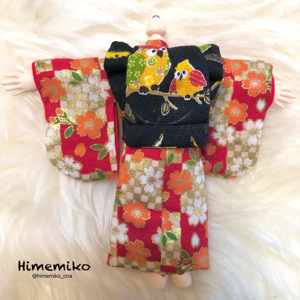 【オビツ11】大正ロマン風着物セット(紅・市松桜柄 / ふくろう柄帯)