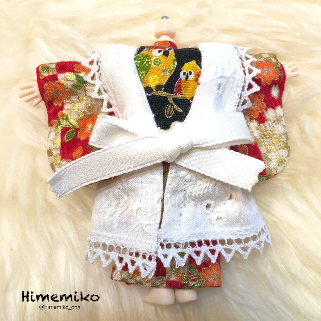 【オビツ11】大正ロマン風着物セット(紅・市松桜柄 / ふくろう柄帯)